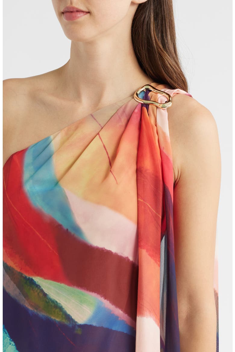 Abstract Stripe One-Shoulder Chiffon Gown, Alternate, color, CORAL MULTI