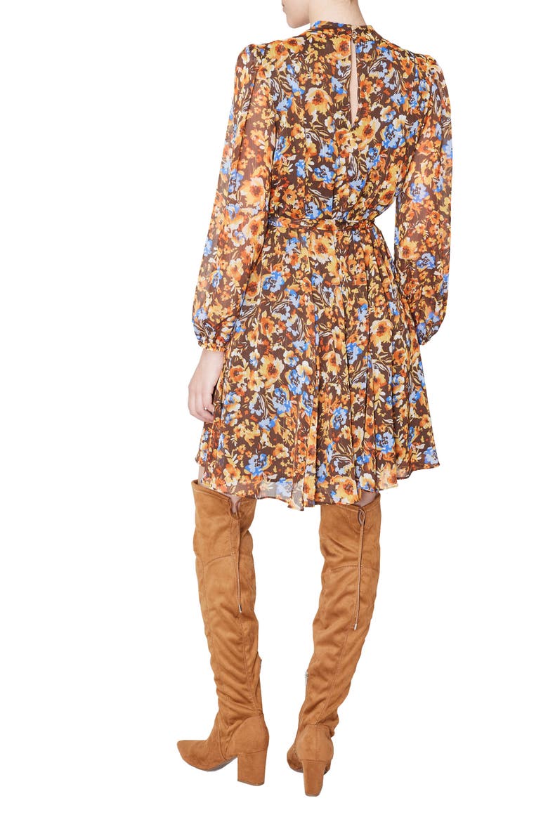 Floral Knot Neck Tie Waist Long Sleeve Dress, Alternate, color, BROWN MULTI
