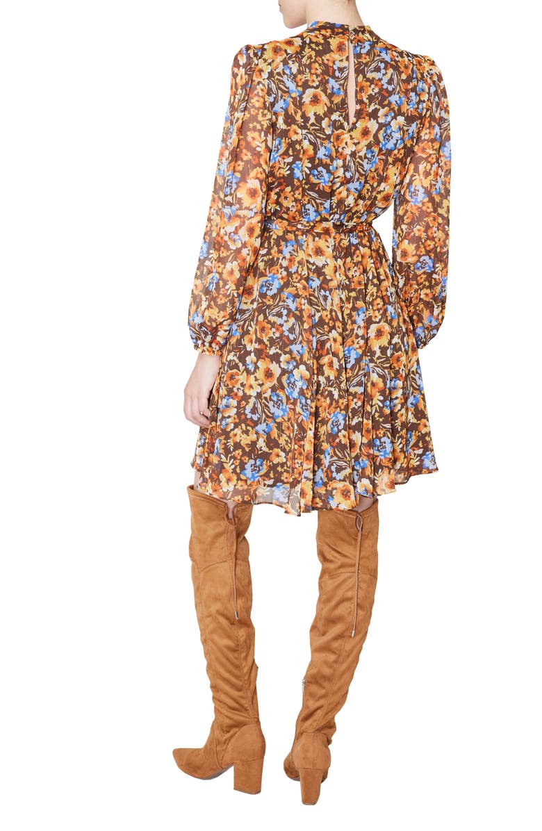 Julia Jordan Floral Knot Neck Tie Waist Long Sleeve Dress, Alternate, color, Brown Multi
