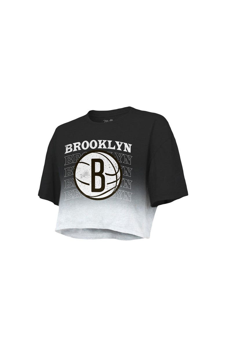 Majestic Threads Women's Majestic Threads Black/White Brooklyn Nets Repeat Dip-Dye Cropped T-Shirt, Alternate, color, Black