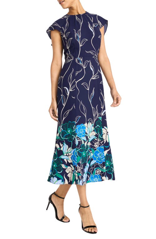 Maggy London Floral Back Ruffle Detail Midi Dress In Navy/cobalt Blue