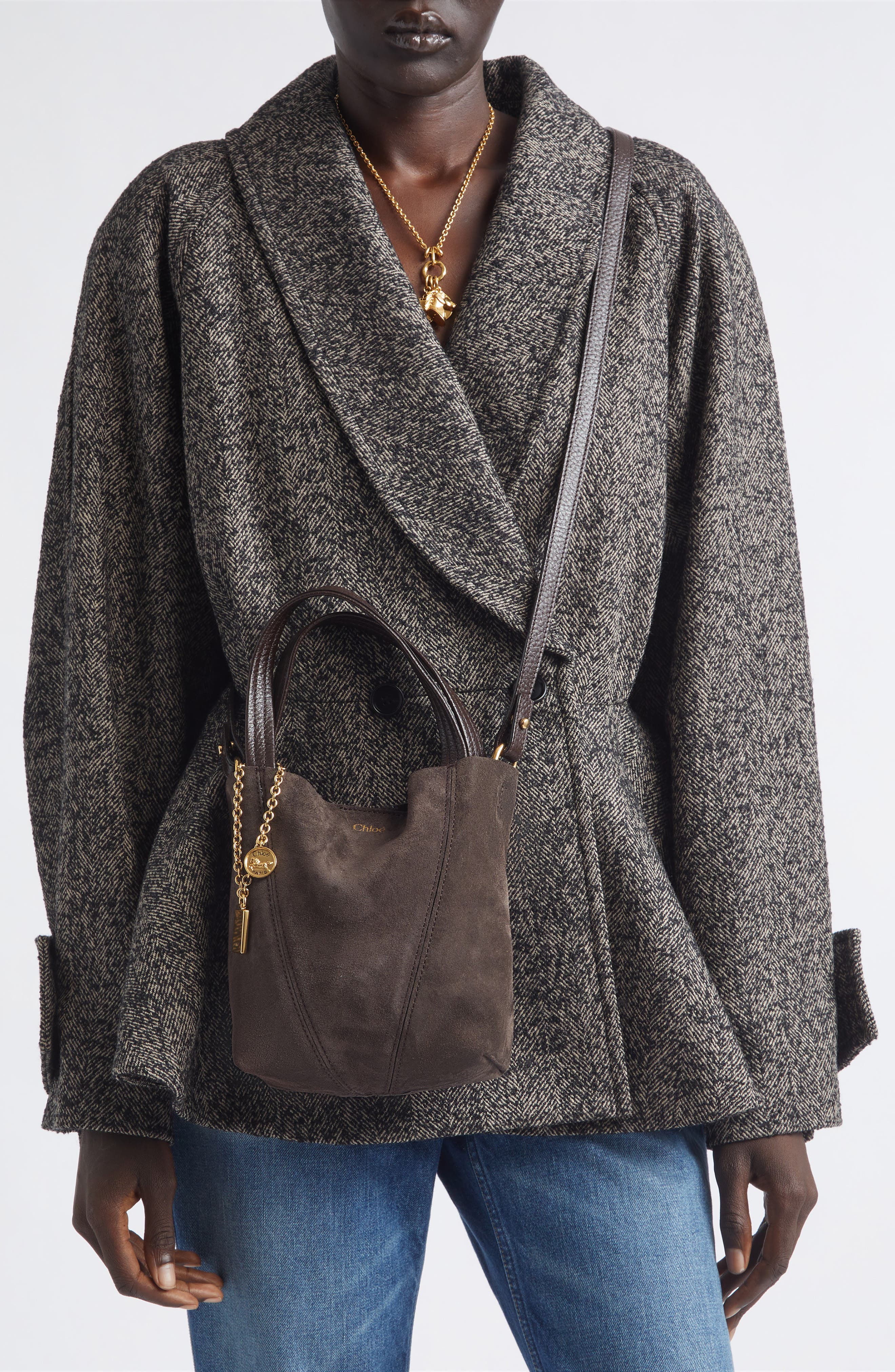 Chloé Small Spin Suede Crossbody Tote, Alternate, color, Kohl Brown