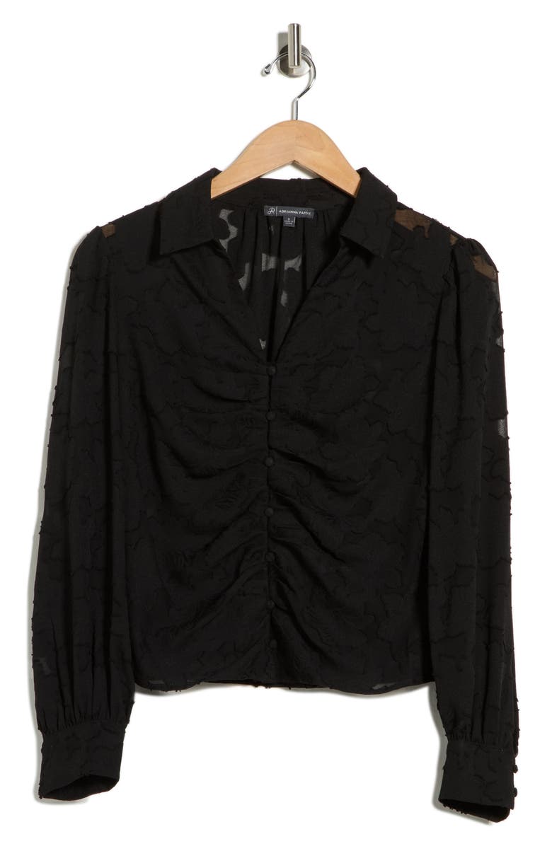 Adrianna Papell Ruched Burnout Button-Up Shirt, Main, color, Black