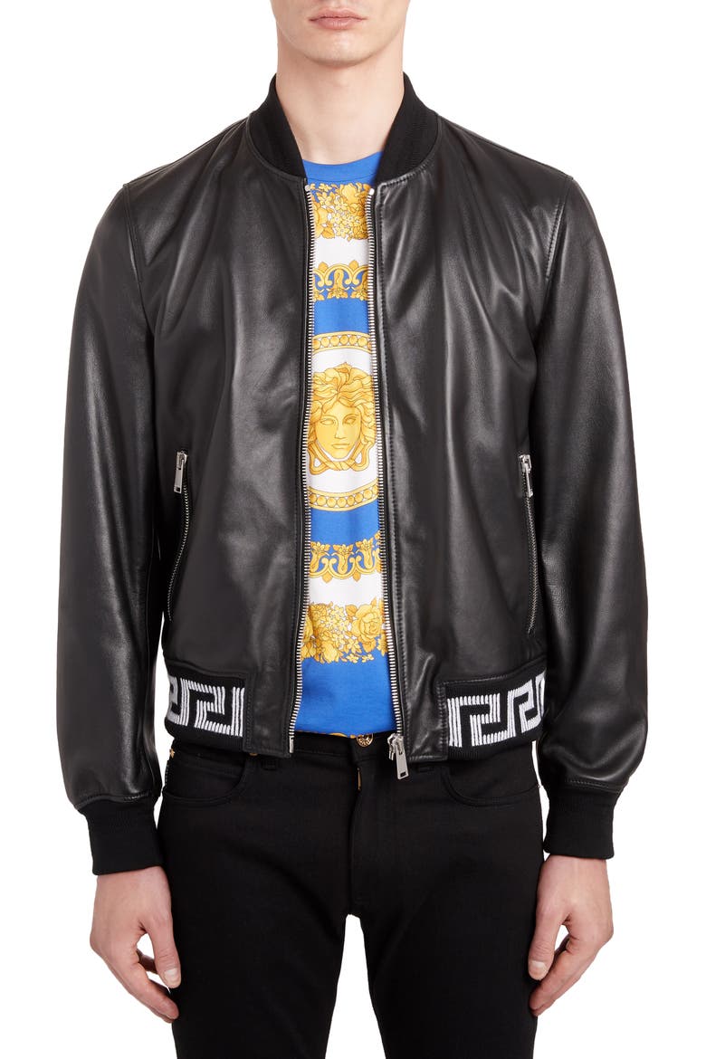 Leather Bomber Jacket, Main, color, BLACK
