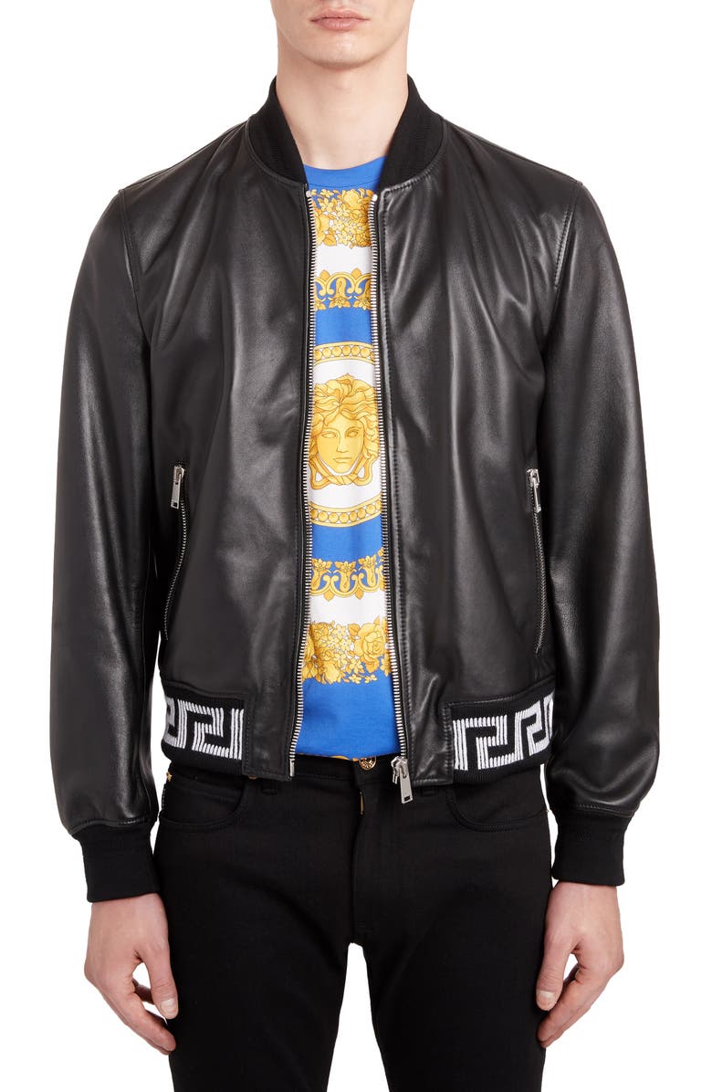 Versace Leather Bomber Jacket, Main, color, 