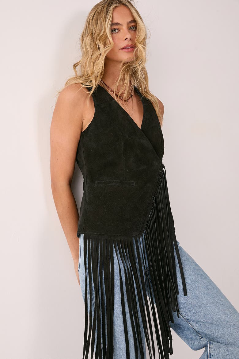 Premium Suede Fringe Waistcoat, Main, color, Black