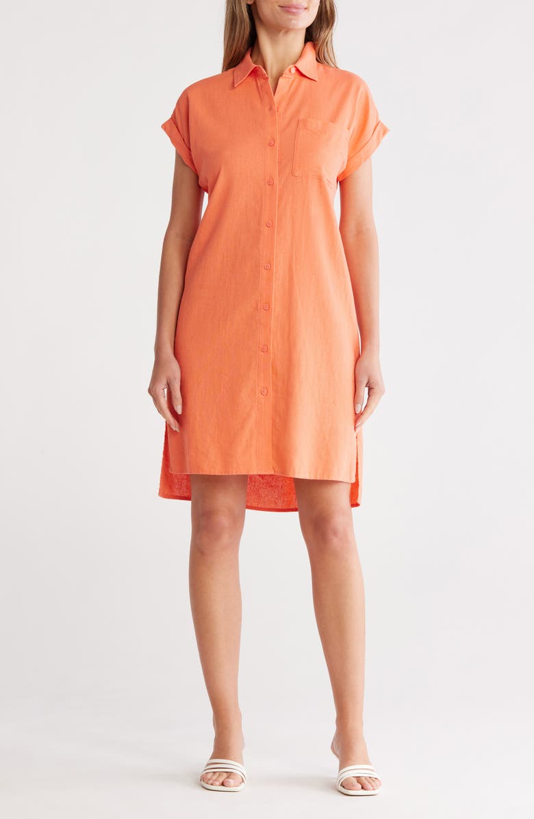 Calvin Klein Short Sleeve Linen Blend Shirtdress, Main, color, Melon