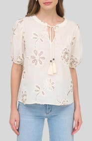 ZOE AND CLAIRE Floral Embroidered Cotton Blend Top