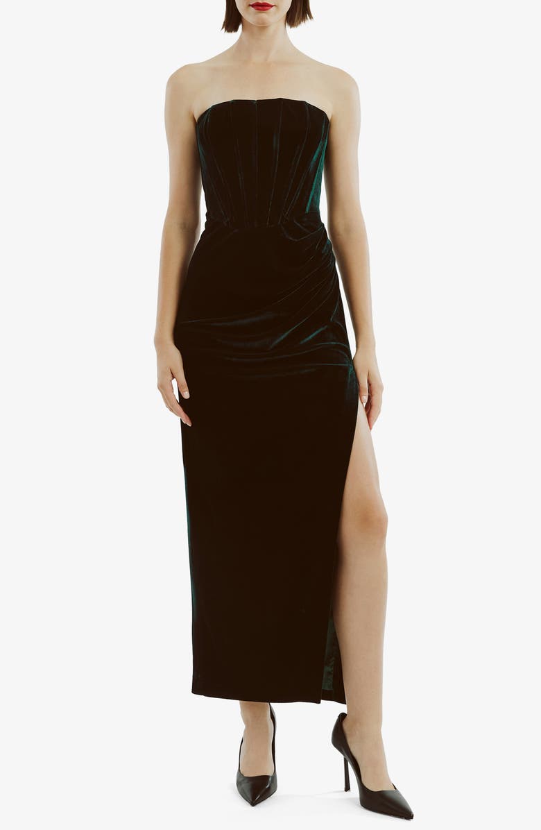 Bardot Everlasting Strapless Velour Cocktail Midi Dress, Main, color, Emerald Green