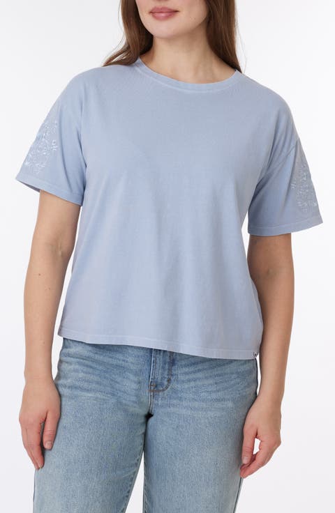 Toni Floral Embroidered Sleeve Boxy Cotton T-Shirt