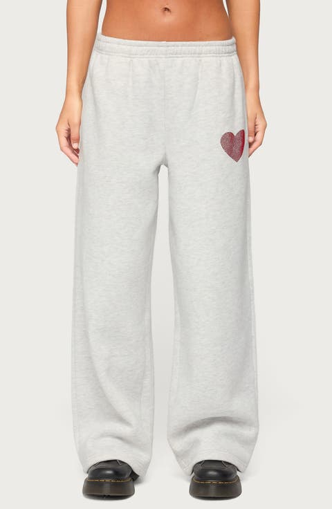 London Obsessed Heart Rhinestone Wide Leg Sweatpants