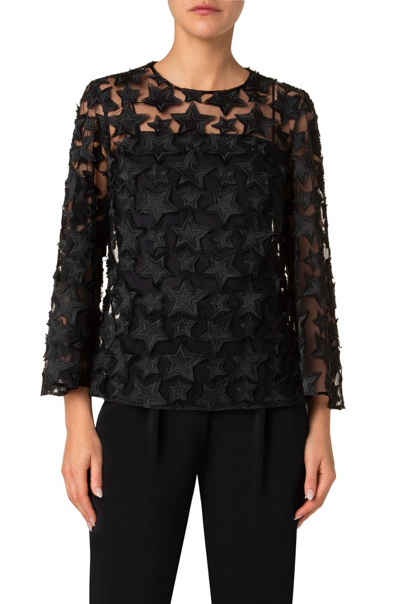 Akris punto 3D Star Embroidered Tulle Top, Main, color, Black