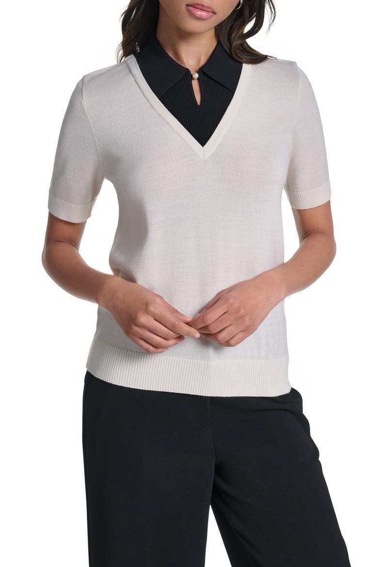 Layered Short Sleeve Sweater, Main, color, BIRCH/ BLACK