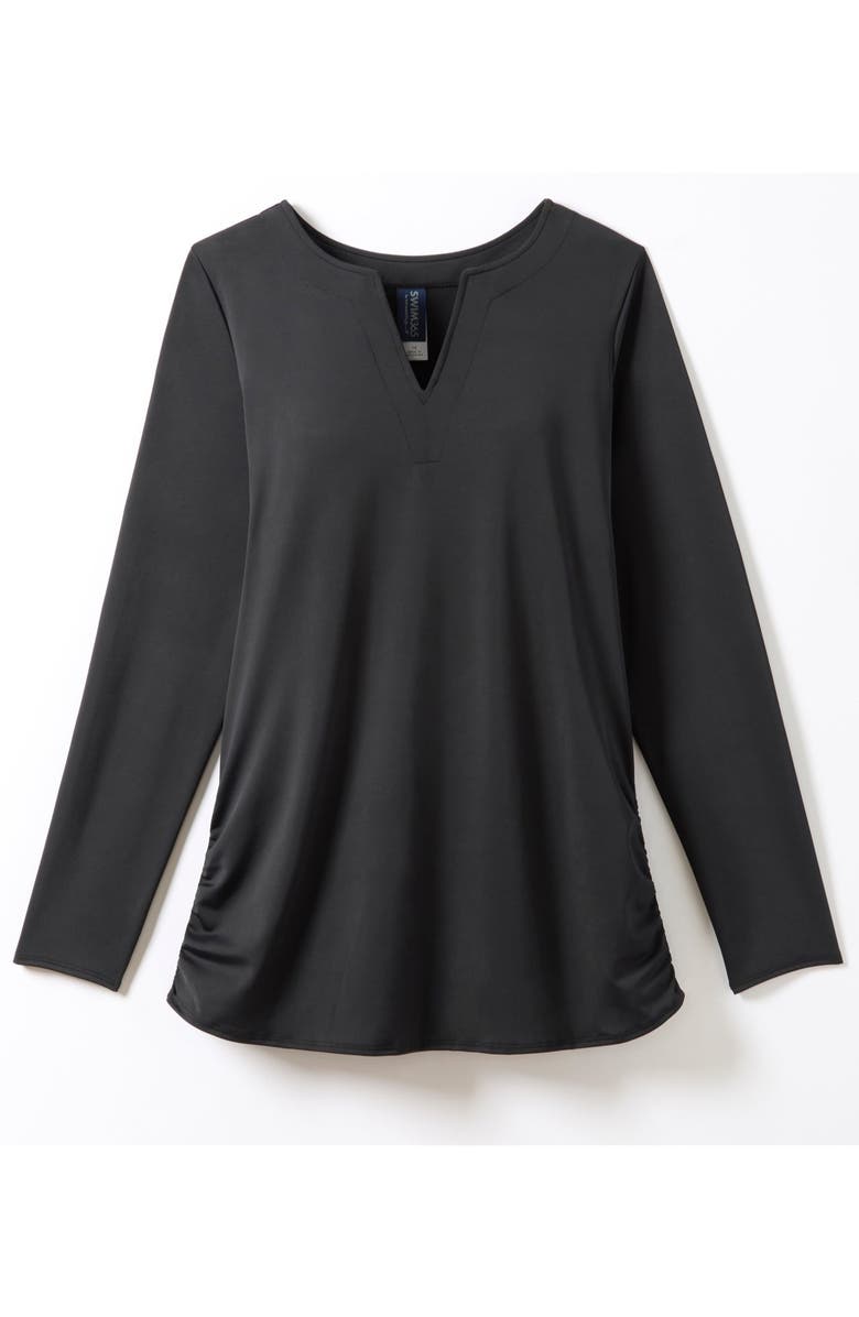 Swim 365 Split-Neck Long Sleeve Swim Tee with Built-In Bra, Alternate, color, Black