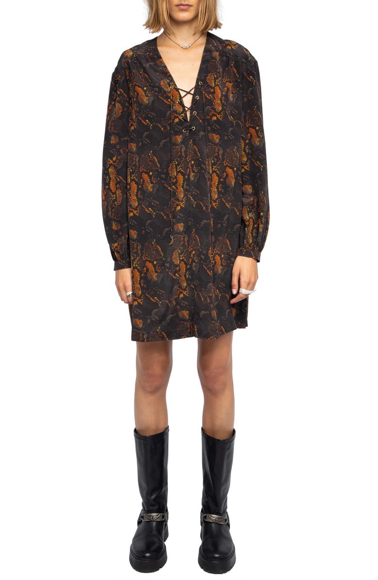 Zadig & Voltaire Ramela Snakeskin Print Long Sleeve Silk Minidress, Alternate, color, Black