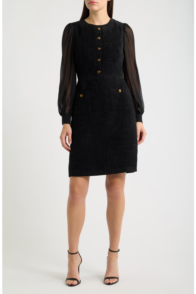 Long Sleeve Mixed Media Sheath Dress, Main, color, BLACK