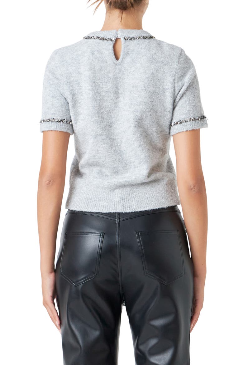Paillette Trim Short Sleeve Sweater, Alternate, color, HEATHER GREY