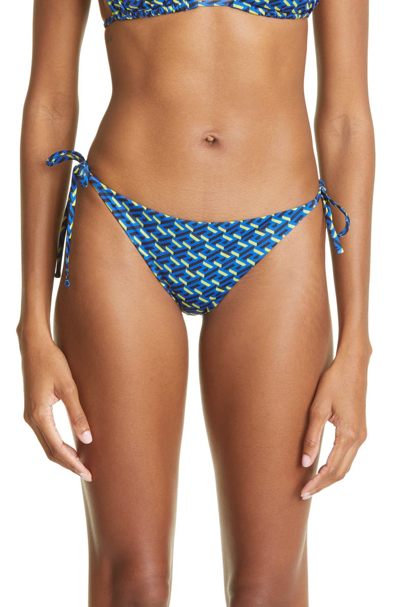 Versace La Greca Monogram Print Side Tie Bikini Bottoms, Main, color, 
