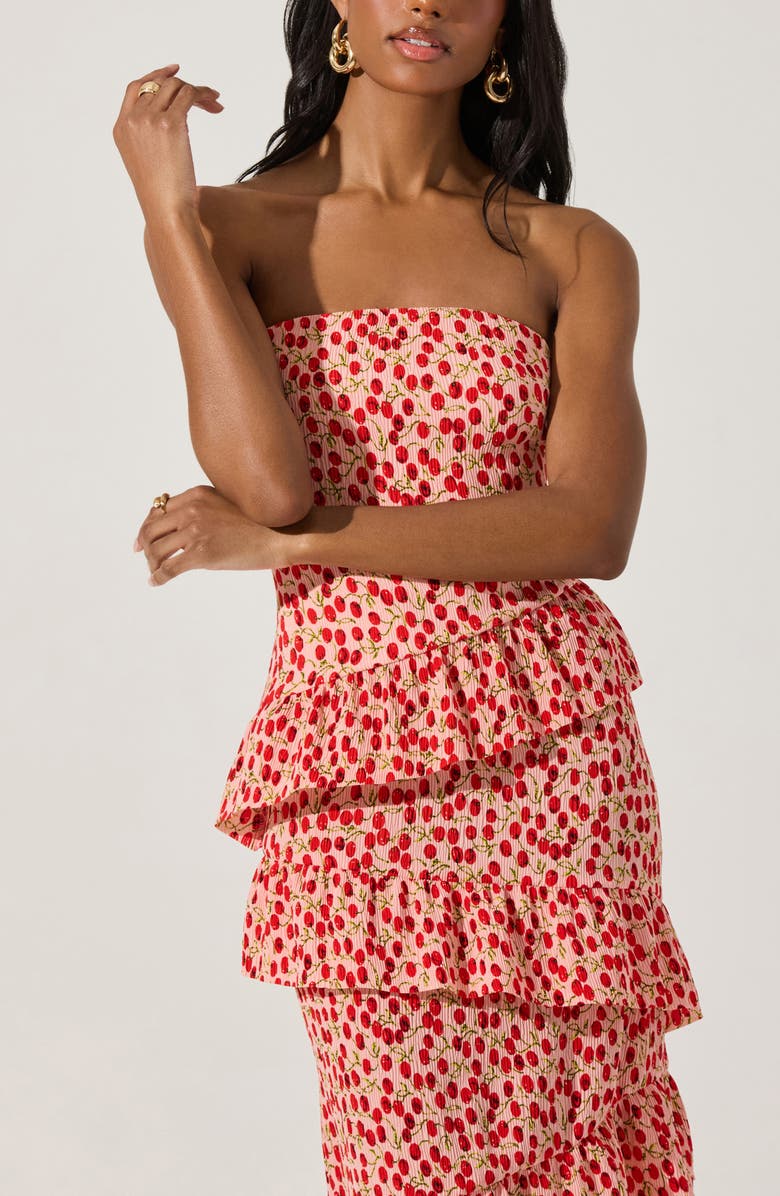 ASTR the Label Plissé Asymmetric Tiered Ruffle Strapless Midi Dress, Alternate, color, Cherry Print