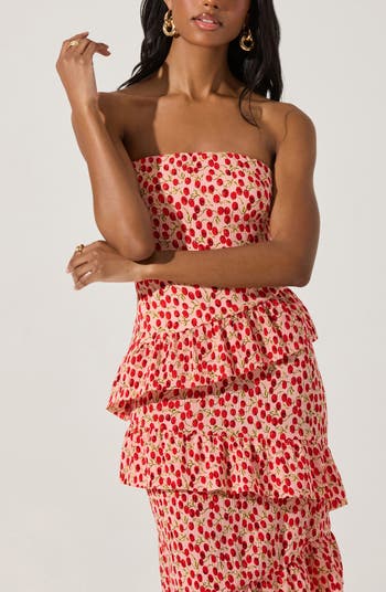 Plissé Asymmetric Tiered Ruffle Strapless Midi Dress