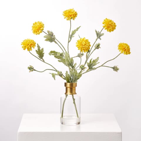Yellow Mini Marigold Blooms & Buds in Gold Rim Bottle