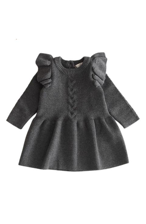 Eva Ruffle Shoulder Long Sleeve Knit Cotton Dress