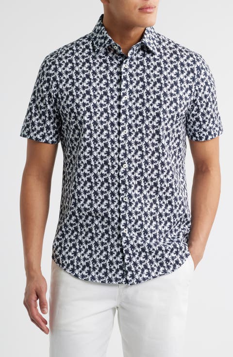 Miles OoohCotton® Palm Tree Print Short Sleeve Button-Up Shirt