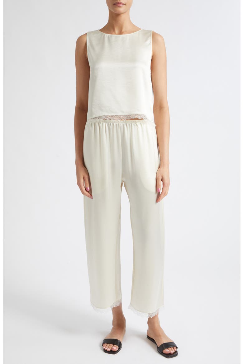 Barb Lace Detail Crop Satin Pants, Alternate, color, CREME
