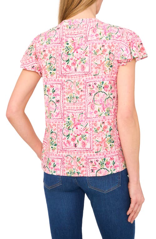 Cece Floral Flutter Sleeve V-neck Challis Top In White
