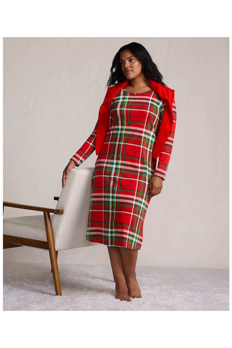 Cotton Long Sleeve Midcalf Nightgown, Alternate, color, Compass Red/Emerald Plaid