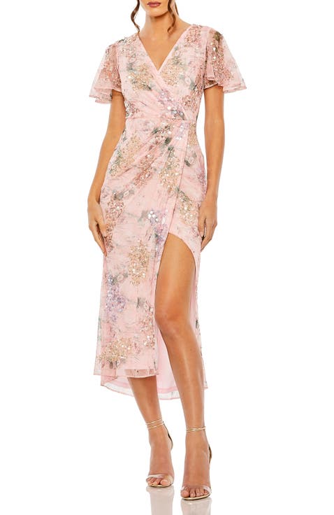 Embellished Floral Flutter Sleeve Midi Dress