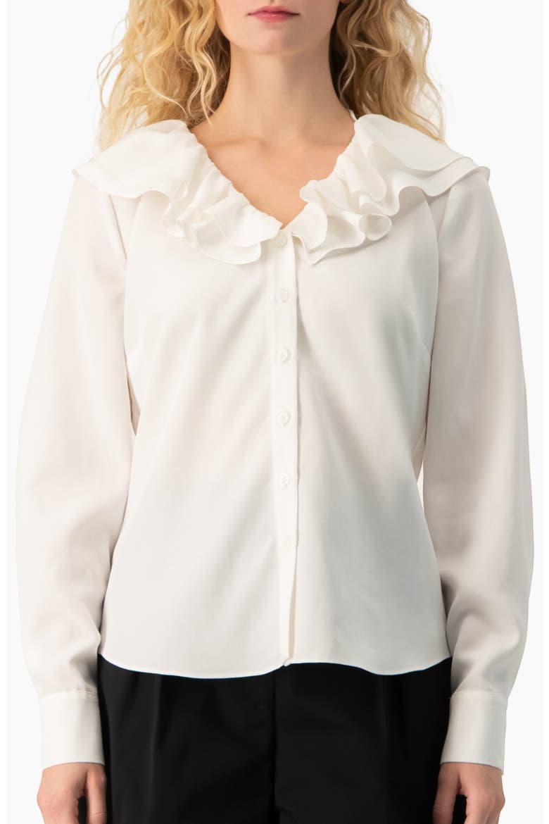 Romantic Ruffle Collar V-Neck Long-Sleeve Fitted Blouse, Main, color, White