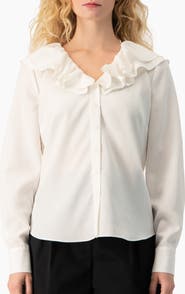 IVONNE Romantic Ruffle Collar V-Neck Long-Sleeve Fitted Blouse