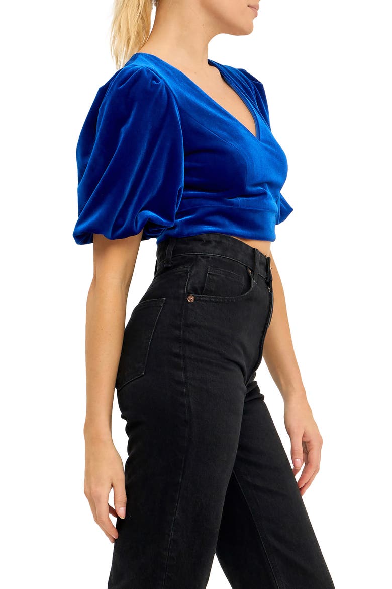 Puff Sleeve Velvet Crop Top, Alternate, color, COBALT BLUE