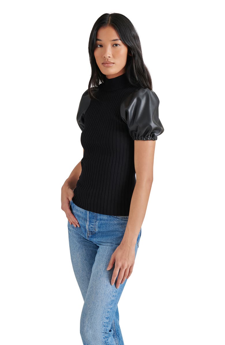 Steve Madden Peggy Mixed Media Faux Leather Sleeve Sweater, Alternate, color,