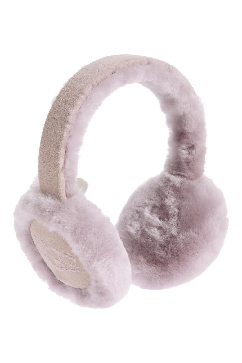 Logo Embroidered Genuine Shearling Earmuffs, Main, color, ASHEN ROSE