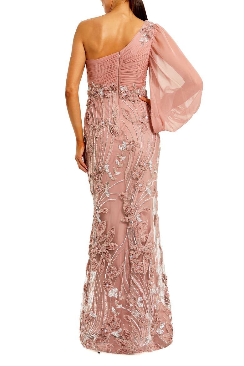 One Shoulder Chiffon Gown with Embroidered Floral Skirt, Alternate, color, Mocha