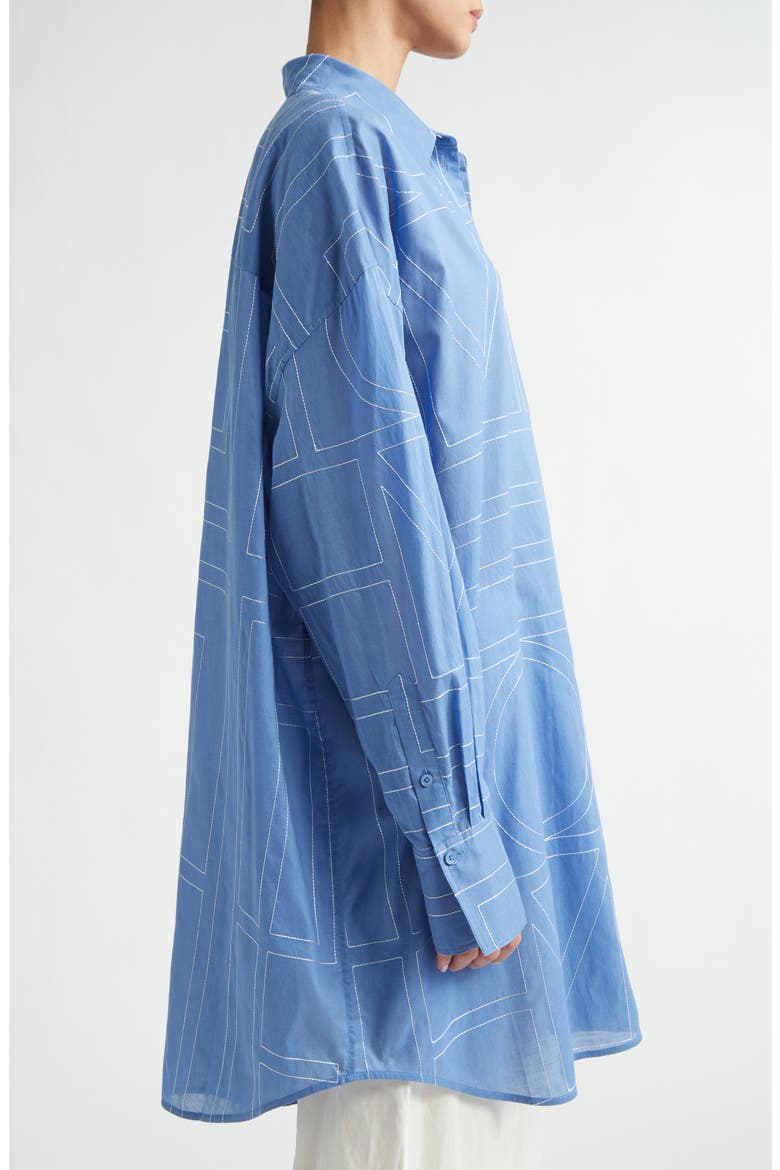 Embroidered Oversize Long Sleeve Cotton & Lyocell Voile Shirtdress, Alternate, color, COBALT