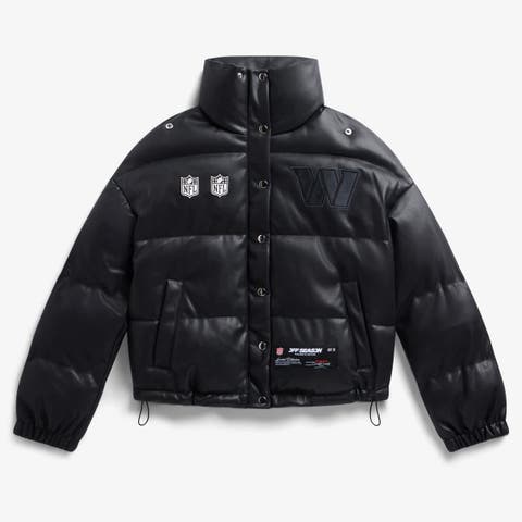 Women's  Black Washington Commanders Faux Leather Puffer Jacket