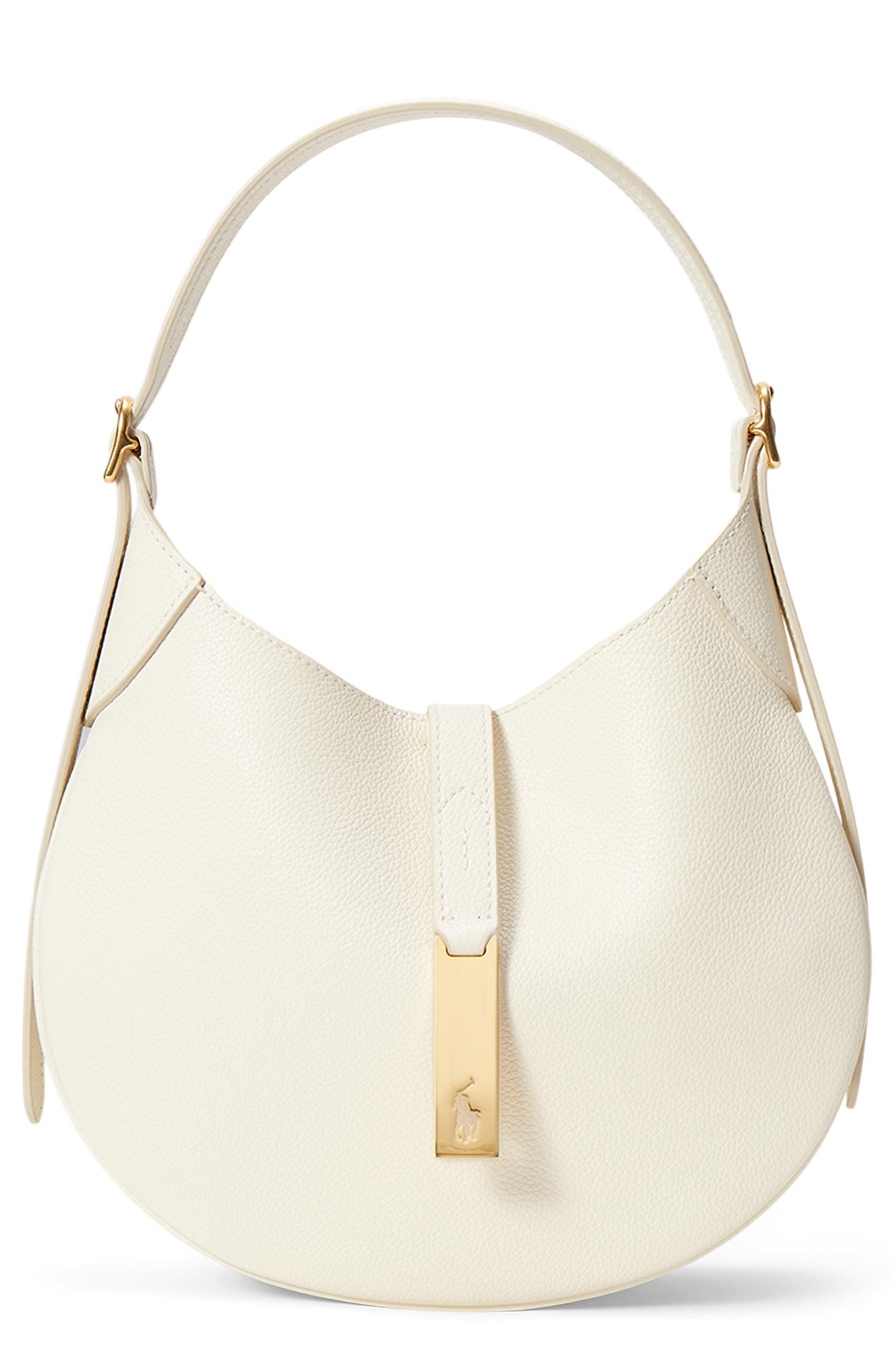 Polo Ralph Lauren Small Polo ID Grain Leather Shoulder Bag, Main, color, Ivory