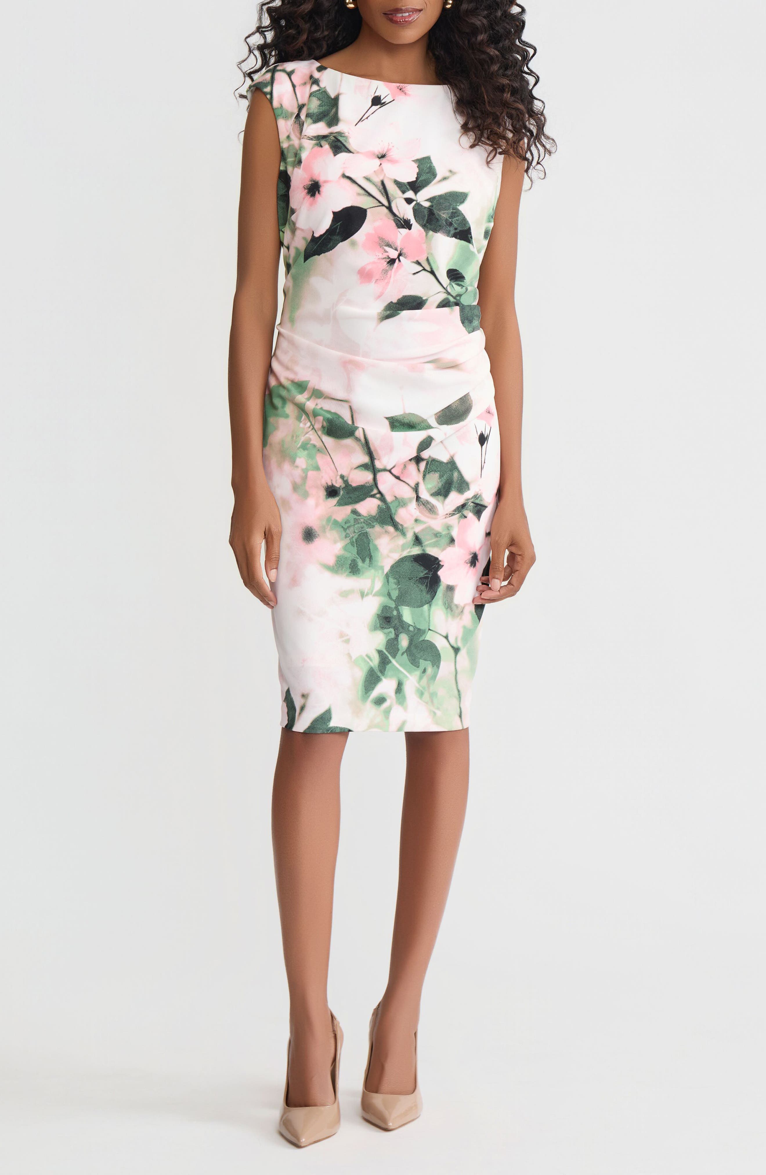 Floral Side Pleat Sheath Dress
