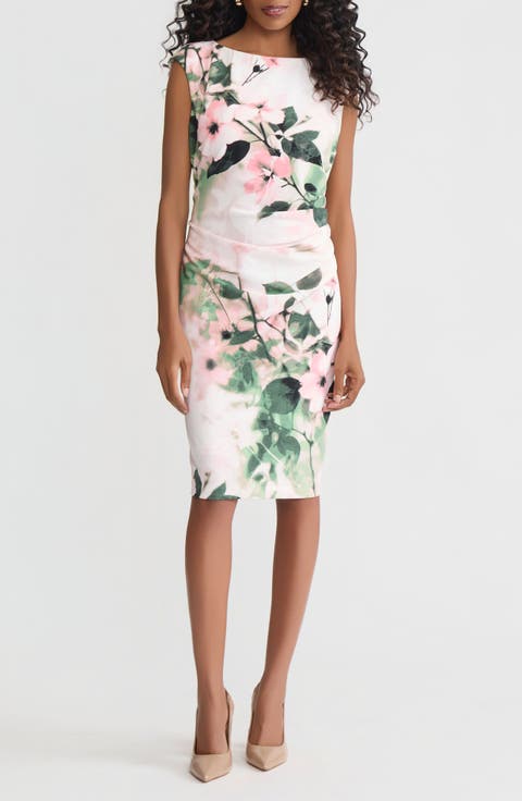 Floral Side Pleat Sheath Dress (Regular & Petite)