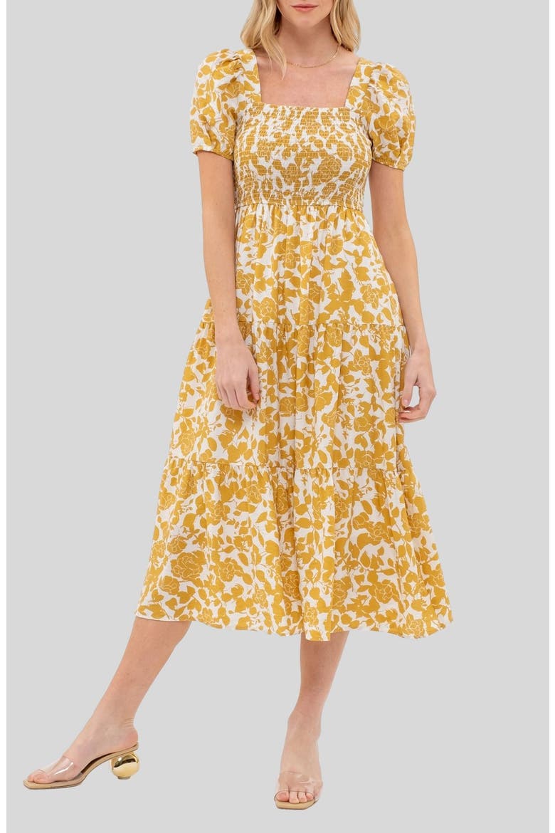 Puff Sleeve Smocked Midi Dress, Main, color, DUSTY YELLOW MULTI