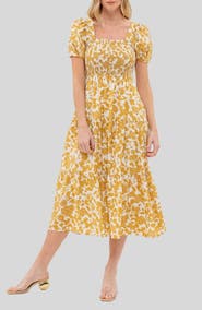 AUGUST SKY Puff Sleeve Smocked Midi Dress