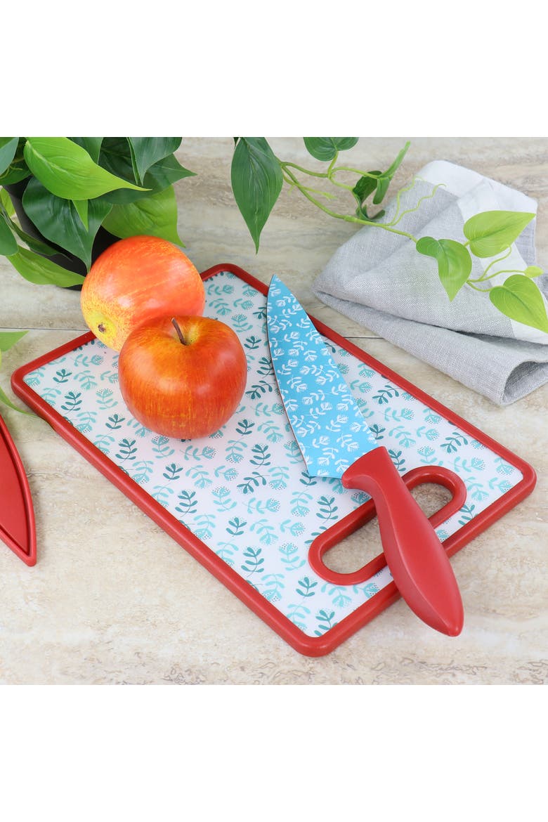 Village Vines 3 Piece Cutting Board and Knife Set, Alternate, color, Red