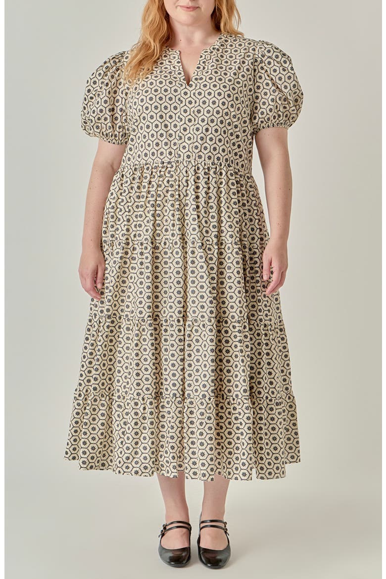 Print Puff Sleeve Midi Dress, Main, color, BEIGE/ BLACK