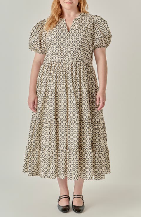 Print Puff Sleeve Midi Dress