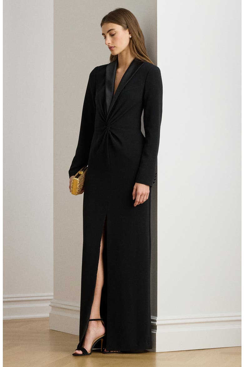 long tuxedo dress Mermaid Gown With Sleeves In Black, Black / Regular / 20 Styled with neutral heels and sparkling earrings Zeenai Long Sleeve Tuxedo Sheath
