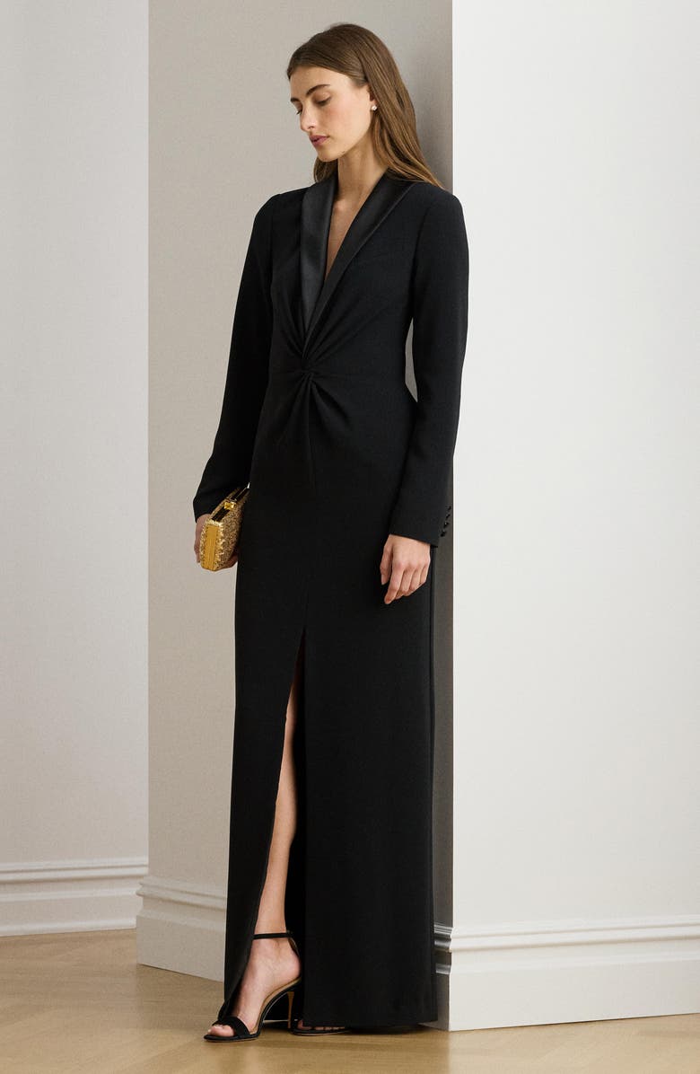 Lauren Ralph Lauren Zeenai Long Sleeve Tuxedo Sheath Gown, Alternate, color, Black