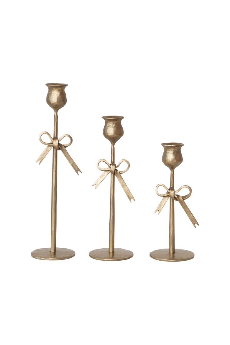 3-Piece Bow Shaped Taper Candle Holders, Main, color, Brass